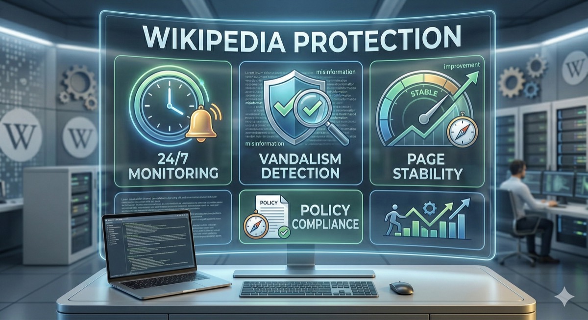 Wikipedia protection workflow showing monitoring, vandalism detection, and policy compliance